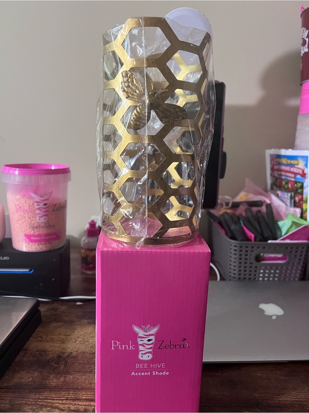 Pink Zebra Gold Honeycomb Accent Shade